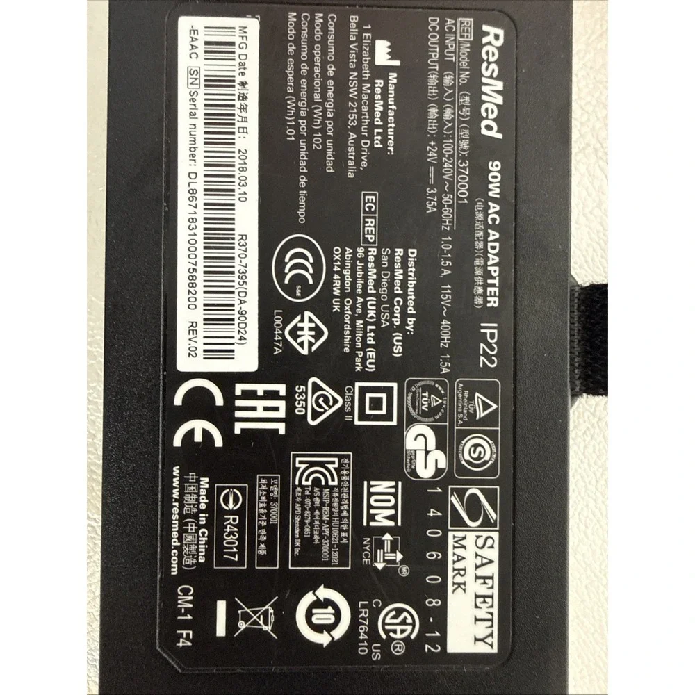 ResMed IP22 90W AC Adapter Power Supply and Cords Model 370001